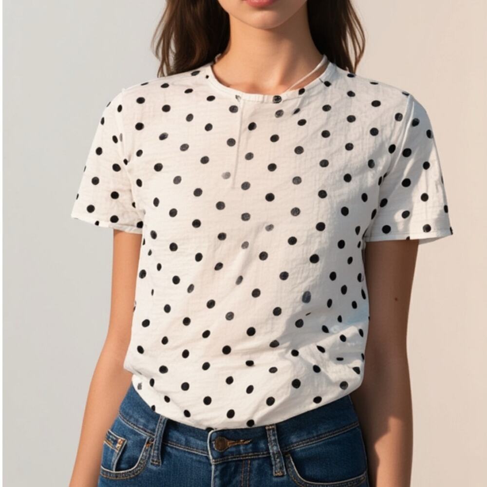 MaxMara Studio White Black Polka Dot Short Sleeve Ramie Top Size Large - Picture 2 of 16
